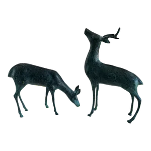Late 20th Century Brass Pair of Verdigris Buck & Doe Statue Figurines