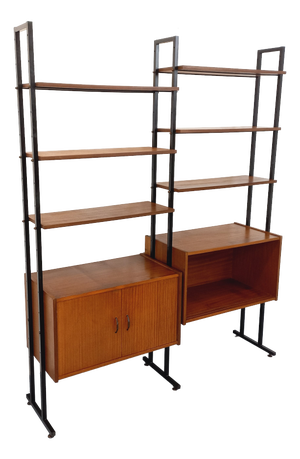 Vintage Italian Double Modular Bookcase in Teak and Metal, 1960s