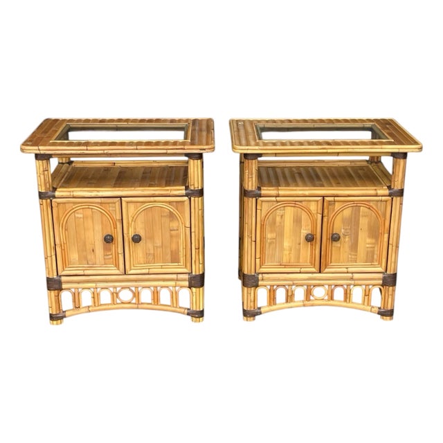 Vintage Split Bamboo Nightstands, a Pair, Coastal, Boho / Hollywood Regency, Organic For Sale