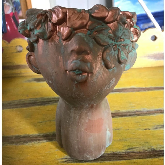 Flower Girl Kissing Bust Copper Patina Indoor Outdoor Head Planter For Sale - Image 9 of 9