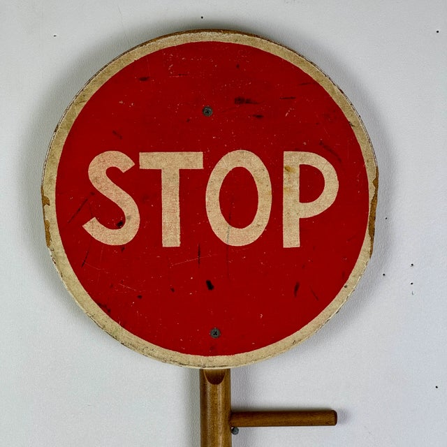 Vintage Double Sided Stop/Go Hand Held. Wooden Sign in Red & Green For Sale - Image 9 of 9
