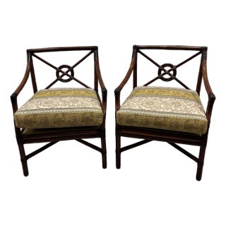 2 Professionally Refurbished McGuire Target Back Rattan Lounge Chairs With Ottoman. Upholstered in New Curated Green and Blue Vintage Fabric. For Sale