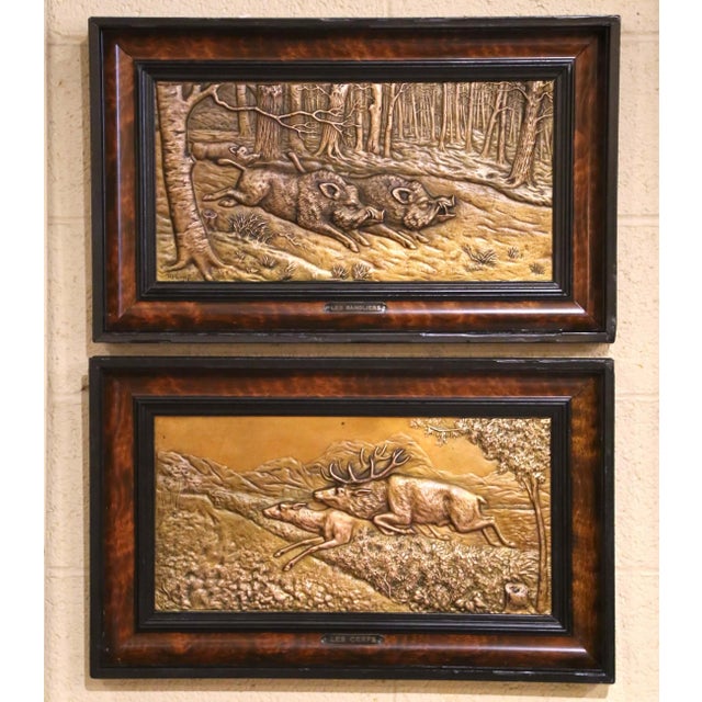 Metal Pair 19th Century French Black Forest Style Repoussé Brass Hunting Wall Panels For Sale - Image 7 of 11