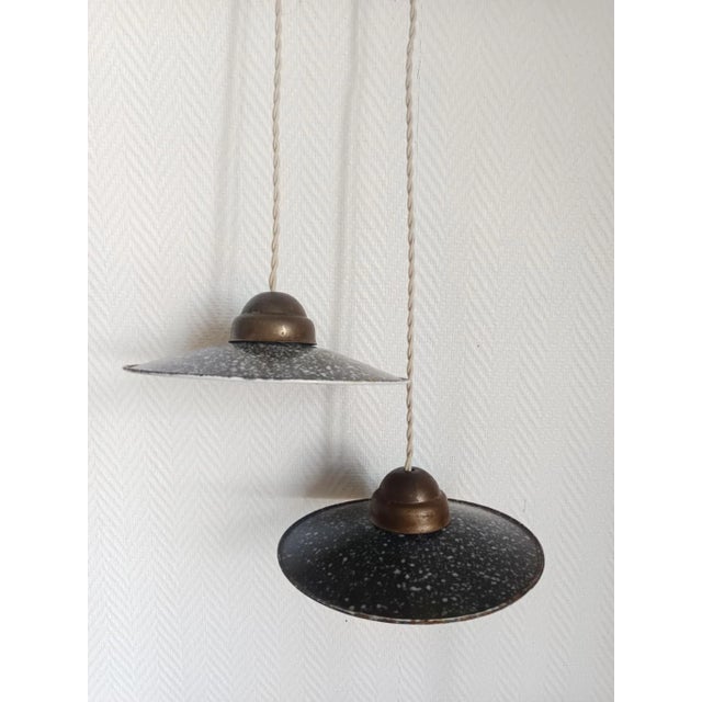 Vintage Industrial Enamelled Sheet Metal Pendant Lights, 1970s, Set of 2 For Sale - Image 4 of 10