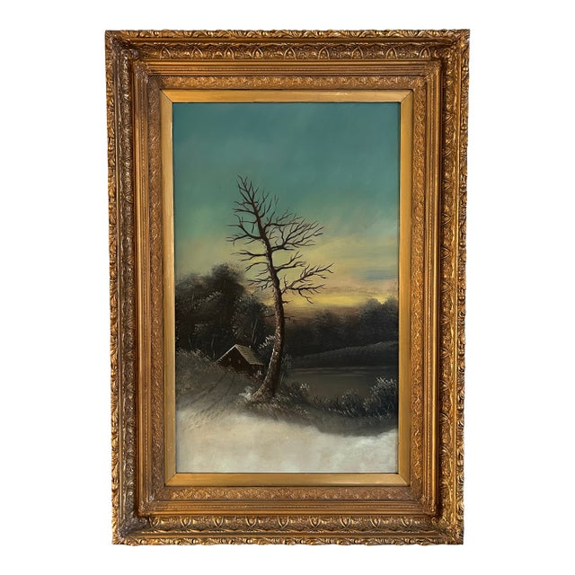 Large Antique Victorian Adirondack Landscape Oil Painting Snow Scene in Ornate Gold Frame For Sale