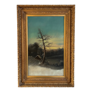 Large Antique Victorian Adirondack Landscape Oil Painting Snow Scene in Ornate Gold Frame