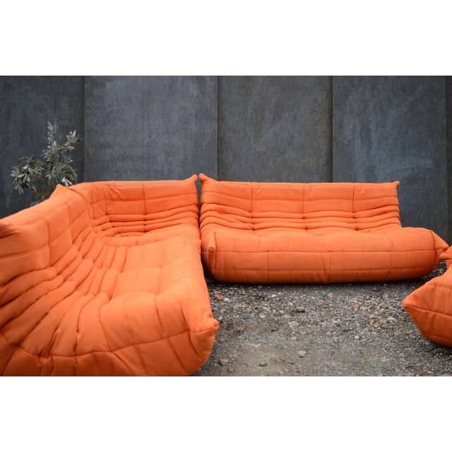Refurbished 5-piece togo sofa set – orange microfiber pre-owned, independently refurbished and professionally...