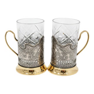 Vintage Russian Crystal Tea Glasses With Ornate Podstakanniki Holders - Pair For Sale