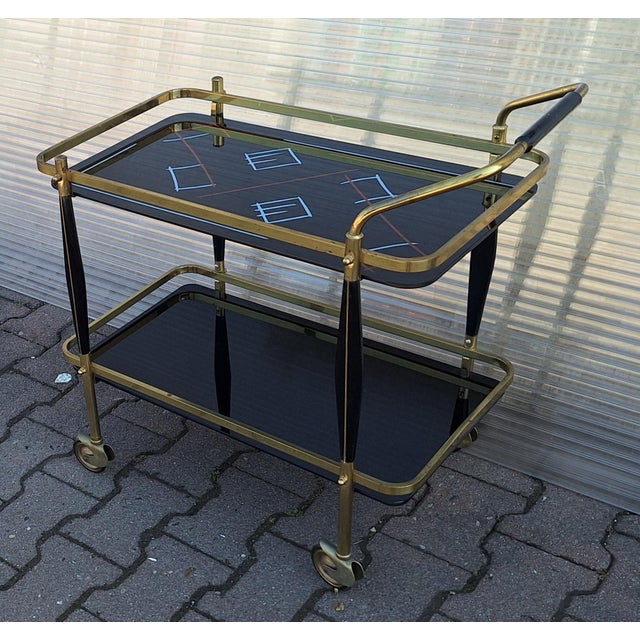 Mid-Century Modern Mid-Century German Tea Trolley with Brass Frame and Black Glass Shelves, 1960s For Sale - Image 3 of 13
