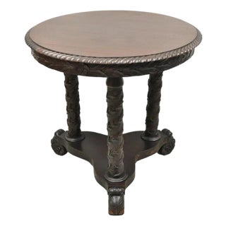 Antique American Empire Floral Spiral Carved Mahogany Round Center Side Table For Sale