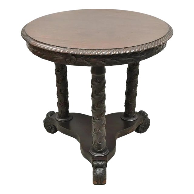 Antique American Empire Floral Spiral Carved Mahogany Round Center Side Table For Sale