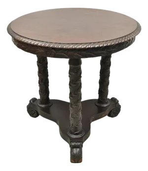 Antique American Empire Floral Spiral Carved Mahogany Round Center Side Table