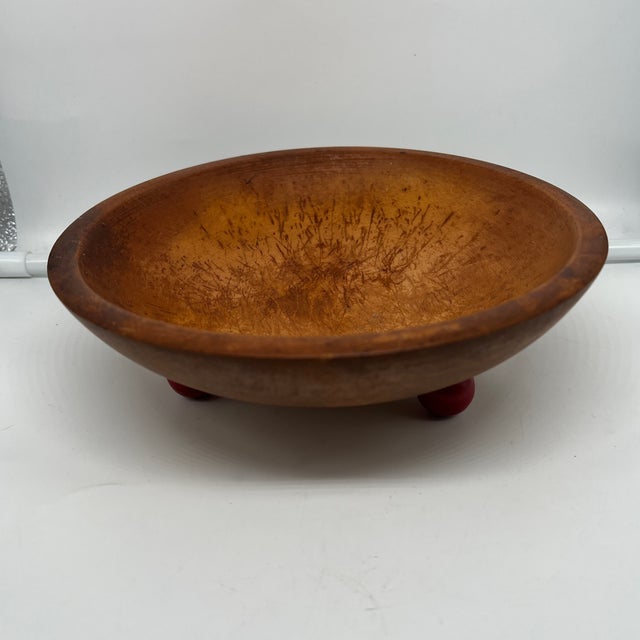 Vintage 1940s Munising Primitive Footed Wood Bowl with Red Feet, Signed