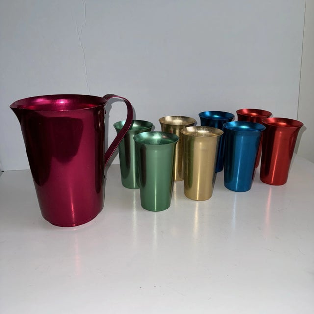 Mid-Century Modern Aluminum Pitcher & Cups Festive Italian Barware MCM Flamingo by Nasco Set of 9 For Sale - Image 3 of 11