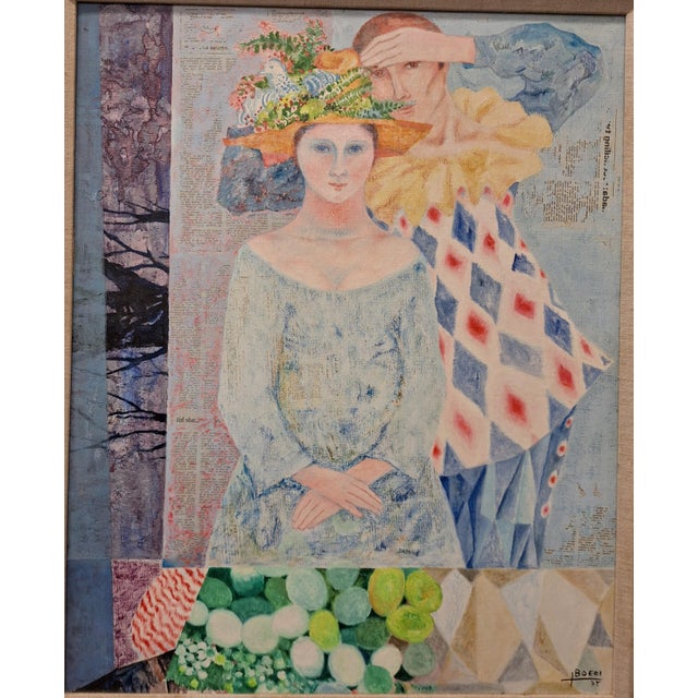 Both the collage painting and the original heavy frame is in fine condition. It is signed and dated on the front Boeri 75....