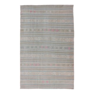 Flat-Weave Kilim With Embroideries in Taupe, Green, Blue and Gray For Sale