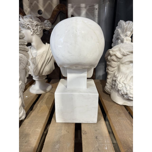 Hand-Carved Skull Sculpture on Square Plinth, White Marble For Sale - Image 4 of 7