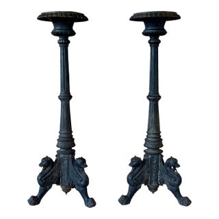 Monumental Antique Cast Iron Figural Neoclassical Griffin Garden Pedestals or Jardinieres, 19th Century-Pair For Sale