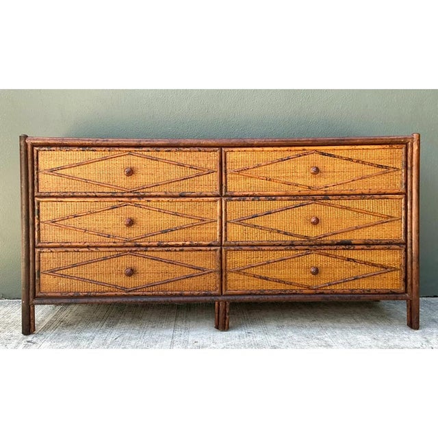 Wood Vintage Diamond Rattan and Wood Six-Drawer Dresser For Sale - Image 7 of 12