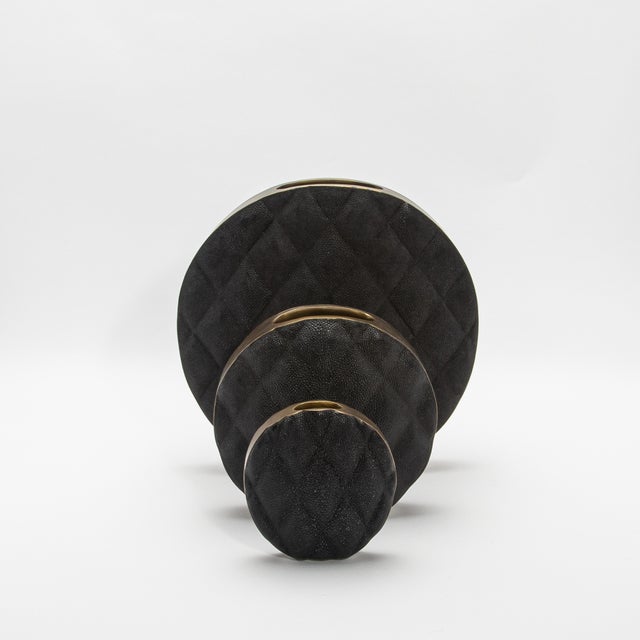 Metal Modern Quilted Vase in Black Shagreen With Brass Details by Kifu Paris For Sale - Image 7 of 11