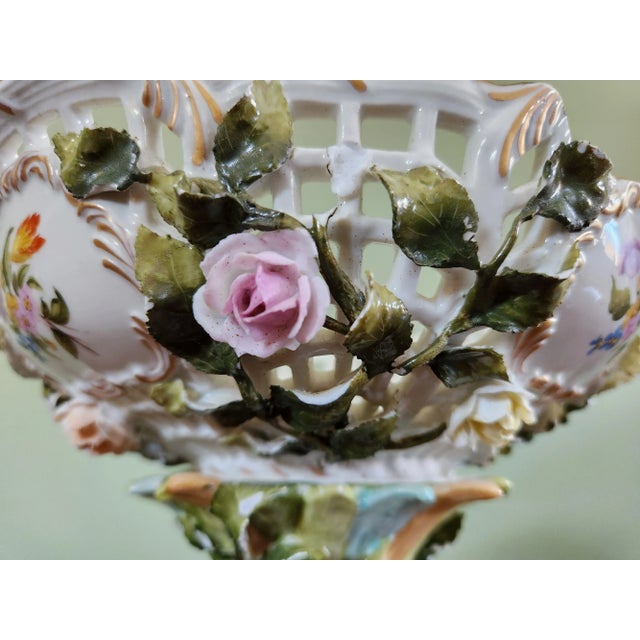 Antique Late 19th Century Thuringian Pedestal Fruit Bowl, Reticulated With Raised Flowers For Sale In Denver - Image 6 of 13