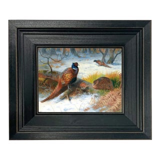 Pheasants in the Snow 5x6" Framed Oil Painting Print on Canvas For Sale