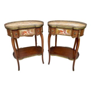 Mid 20th Century Carved Wood Kidney Shaped Bedside Tables with Bronze and Marble Top, Set of 2 For Sale