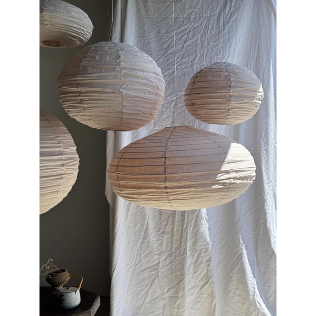 Japanese-Style Round Pink Rattan and Natural Linen Pendant Light For Sale - Image 18 of 18
