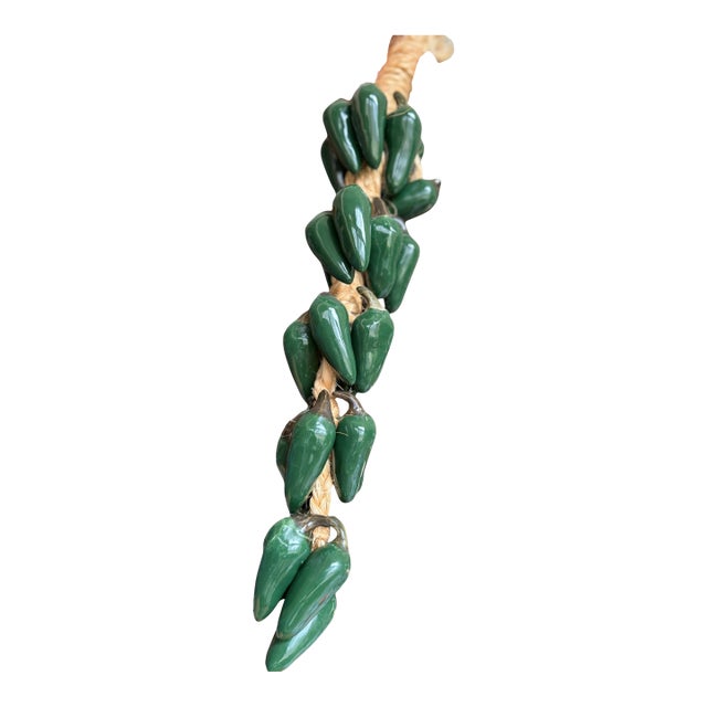 Vintage Handcrafted 26 Green Chili Pepper Ceramic Ristra Spanich For Sale