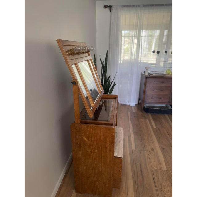 Mid 20th Century Oak Vanity Table With Lighted Adjustable Top Mirror and Upholstered Bench For Sale - Image 11 of 17