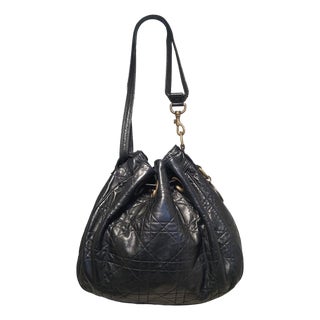 Christian Dior Black Leather Cannage Drawstring Shoulder Bag For Sale