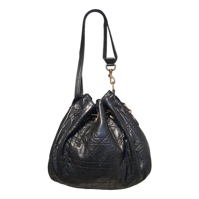 Christian Dior Black Leather Cannage Drawstring Shoulder Bag For Sale