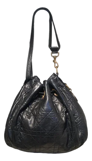 Christian Dior Black Leather Cannage Drawstring Shoulder Bag