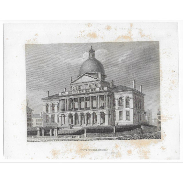 Black and white antique engraving of the Massachusetts State House (built 1798) in Beacon Hill, Boston.