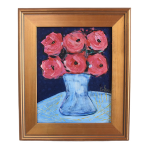 Red Roses Bouquet Flowers Painting, by Ruth Arenz Including the Antiqued Gold Wood Frame