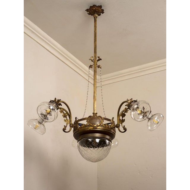 Vintage Art Nouveau Chandelier in Brass and Cut Glass, Italy, 1920s For Sale - Image 6 of 14