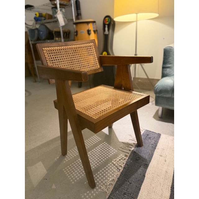 Vintage Teak & Cane Chandigarh-Style Armchair, Pierre Jeanneret Style For Sale - Image 13 of 14
