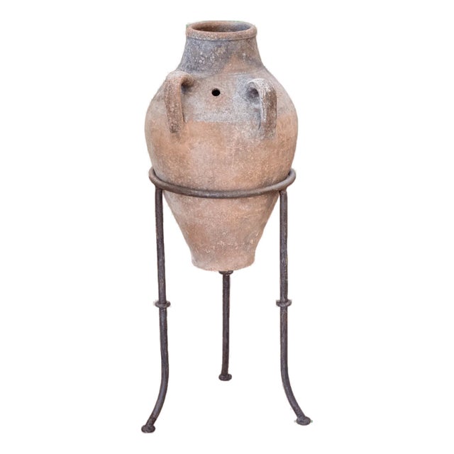 19th Century Mediterranean Hand-Thrown Terracotta Olive Jar With Iron Stand For Sale