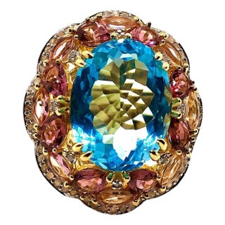 Bochic “Orient” Vintage Diamond, Blue Topaz & Pink Tourmaline Ring Set 18K & Sil For Sale