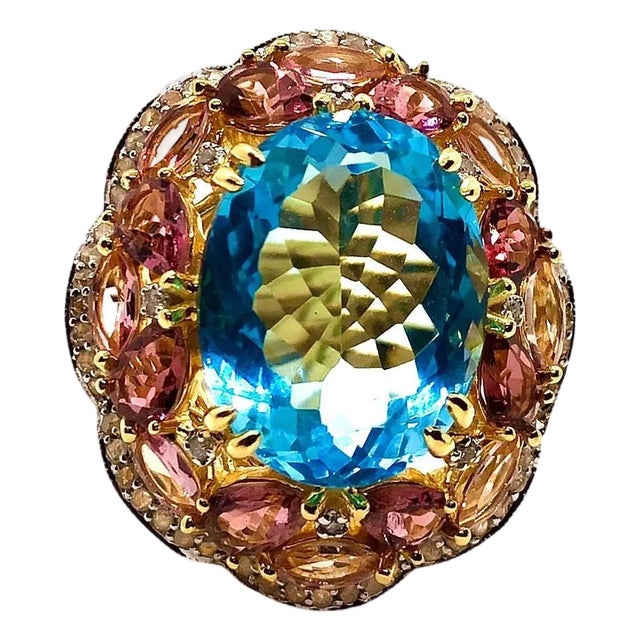 Bochic “Orient” Vintage Diamond, Blue Topaz & Pink Tourmaline Ring Set 18K & Sil For Sale