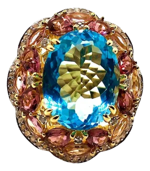 Bochic “Orient” Vintage Diamond, Blue Topaz & Pink Tourmaline Ring Set 18K & Sil