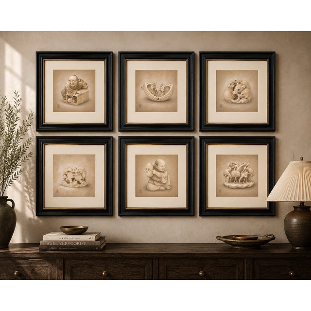 Japanese Edo Netsuke Archive Tadelakt Texture 8 by 8 Square Gallery Board Prints Set of 6 For Sale - Image 9 of 17
