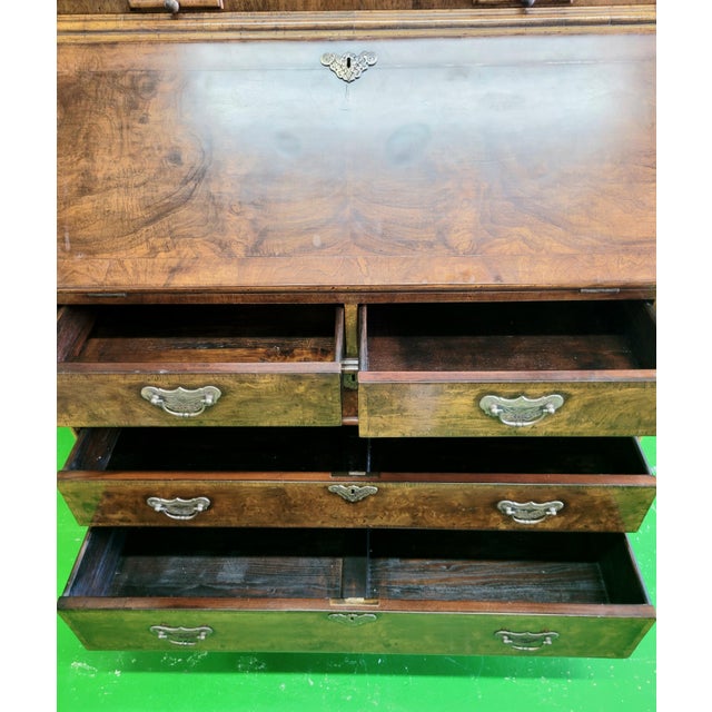 George III 19th C Style Burl Walnut Double Bonnet Secretary Desk Cabinet For Sale - Image 10 of 12