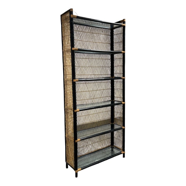 Wicker, Glass + Black Bamboo Étagère, Mid 20th Century For Sale