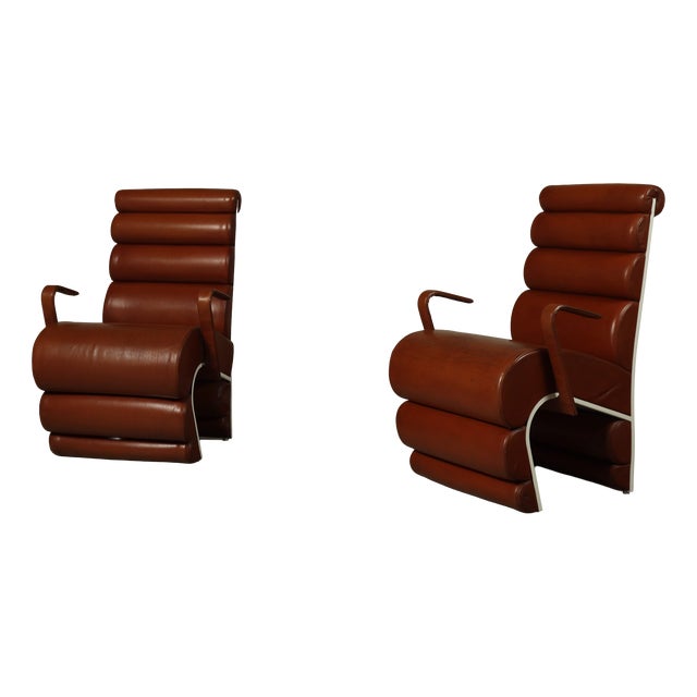 Sculptural Cognac Leather Armchairs with White Metal Frames, 1970s, Set of 2 For Sale