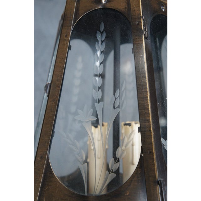 Metal Vintage Brass Etched Glass Swag Pendant Light For Sale - Image 7 of 12