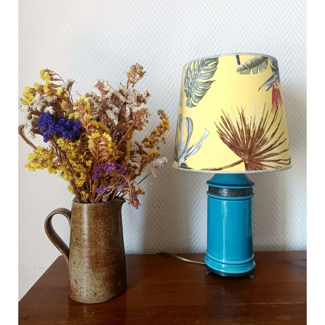 Blue Ceramic Lamp with Claw Feet and Foliage Lampshade, 1960s For Sale - Image 13 of 14