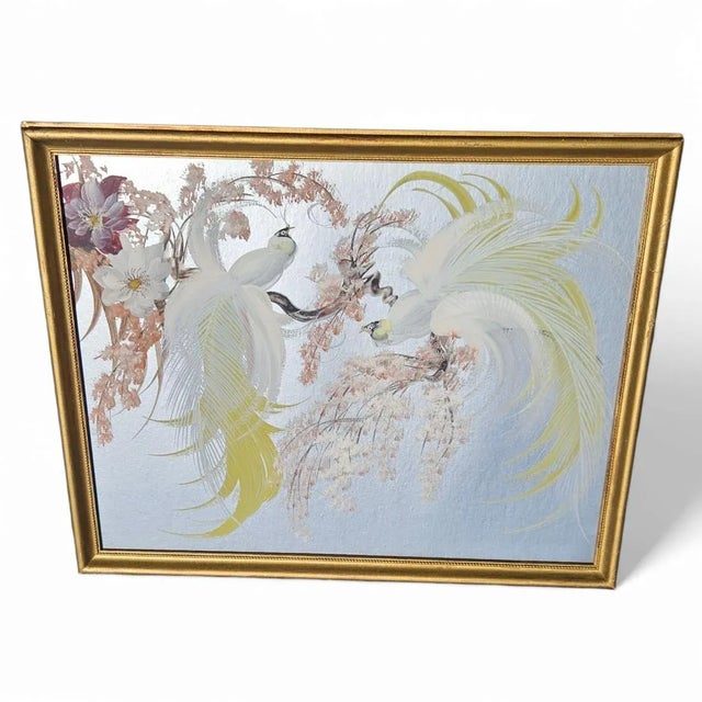 Asian Style Vintage Bird Painting on Silver Board – Mid-Century Modern Gold Frame Artwork For Sale - Image 4 of 10