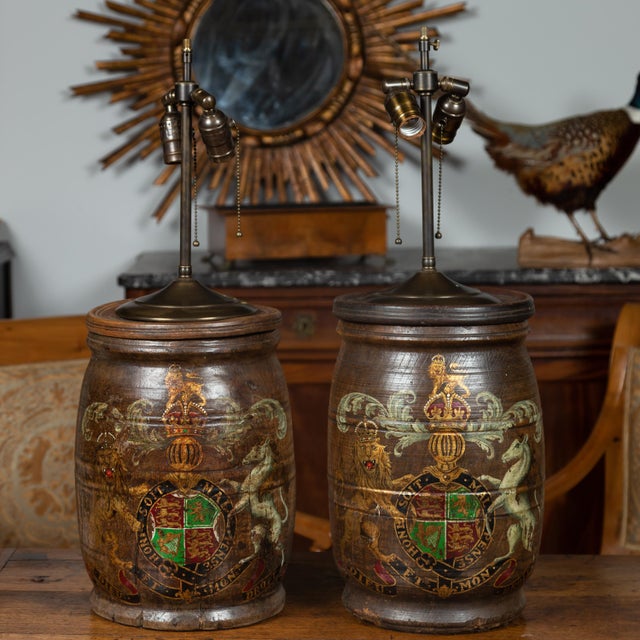 Late 19th Century 1880s English Wooden Barrels with Coat of Arms Made into Table Lamps - a Pair For Sale - Image 5 of 12