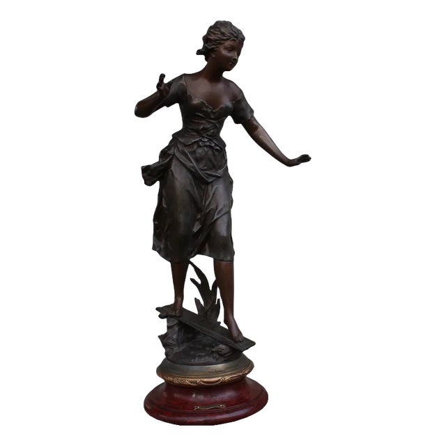 French Sculpture of Girl on Wood Base by Ernest Rancoulet For Sale